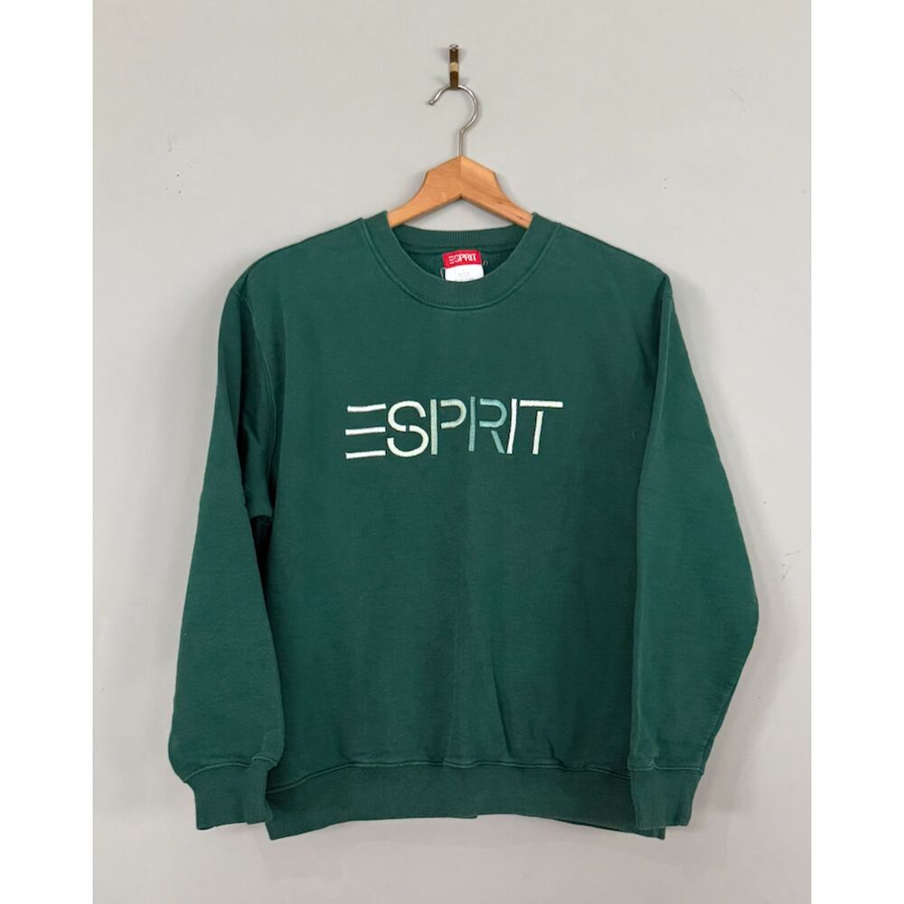 Vintage 90s Esprit Green Embroidered Spellout Crewneck Sweatshirt Cotton Size L